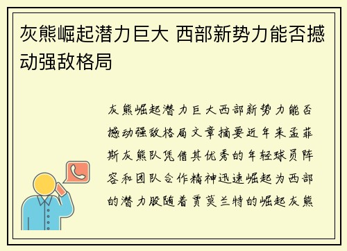 灰熊崛起潜力巨大 西部新势力能否撼动强敌格局