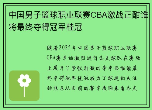 中国男子篮球职业联赛CBA激战正酣谁将最终夺得冠军桂冠