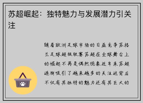 苏超崛起：独特魅力与发展潜力引关注