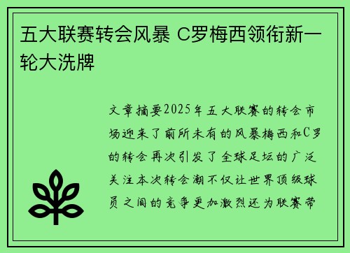 五大联赛转会风暴 C罗梅西领衔新一轮大洗牌