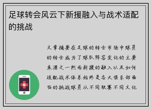 足球转会风云下新援融入与战术适配的挑战