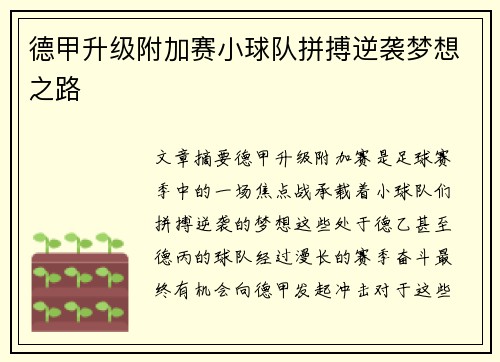 德甲升级附加赛小球队拼搏逆袭梦想之路